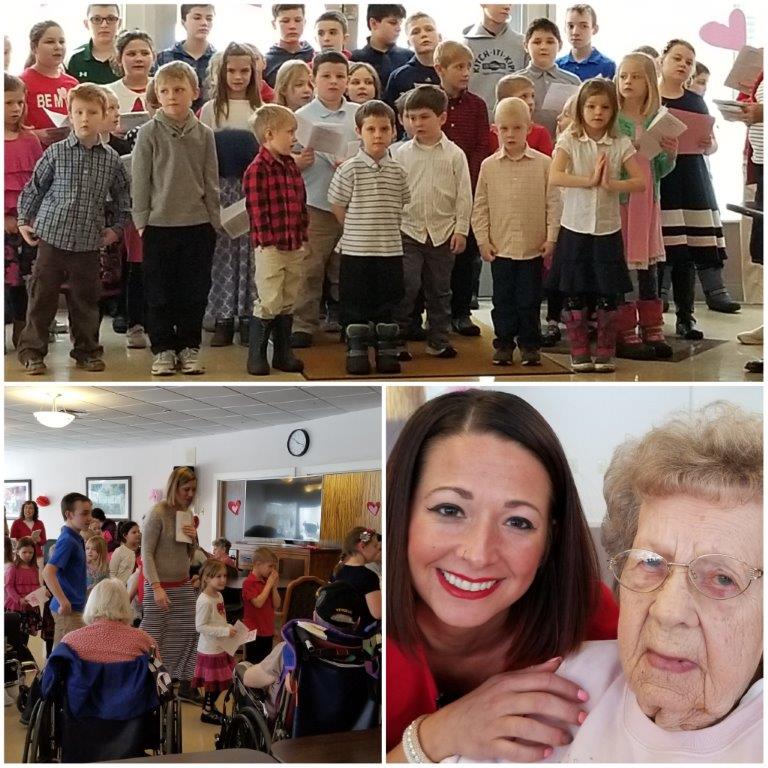 collage of children singing valentine's songs and residents 